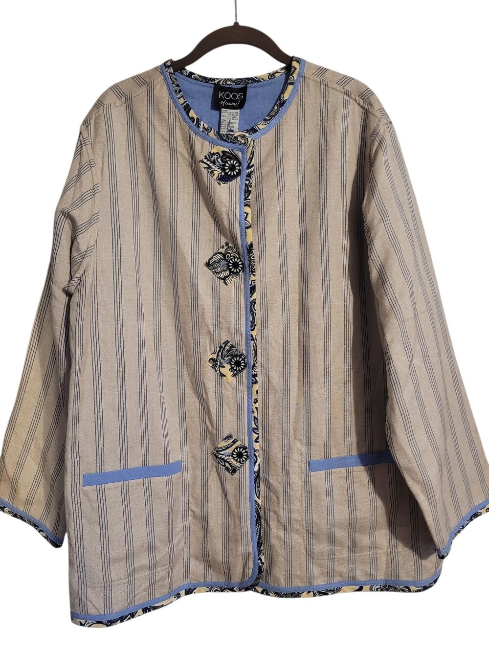 Koos of Course Reversible Linen Blend Button-up Jacket Tan Blue Sz 1X Lagenlook